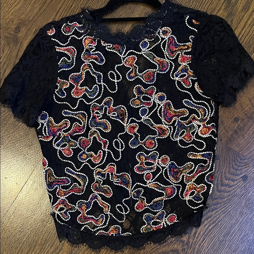 Zara Black Lace Blouse with Colorful Embroidery